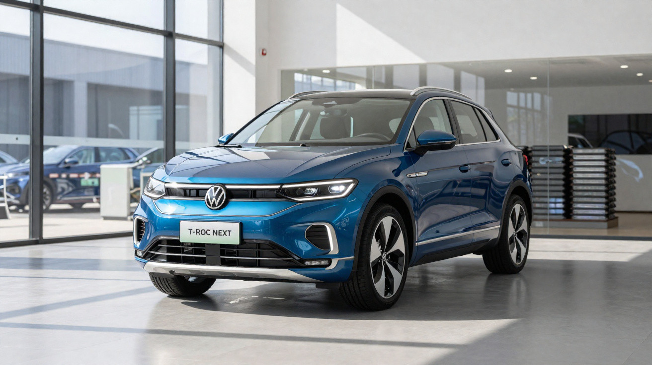 Carro SUV azul Volkswagen T-Roc Next estacionado dentro de showroom moderno e iluminado.