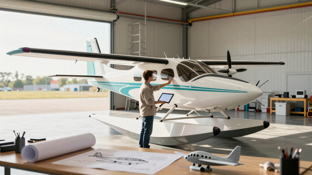 Homem com tablet observa hidroavião branco com detalhes azuis em hangar com planta e modelo de aeronave em mesa.