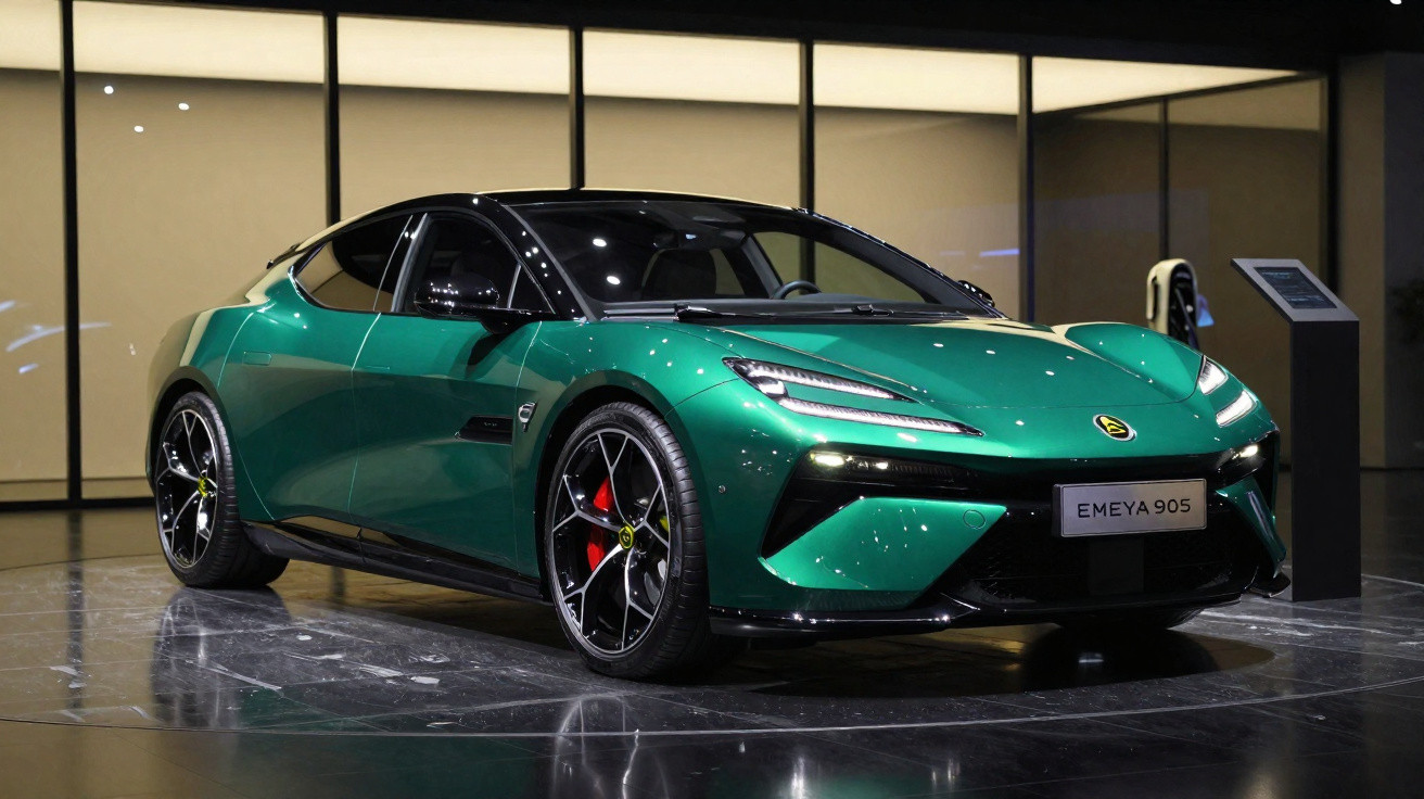 Carro esportivo verde metálico Lotus Emeya 905 exposto em showroom moderno e iluminado.