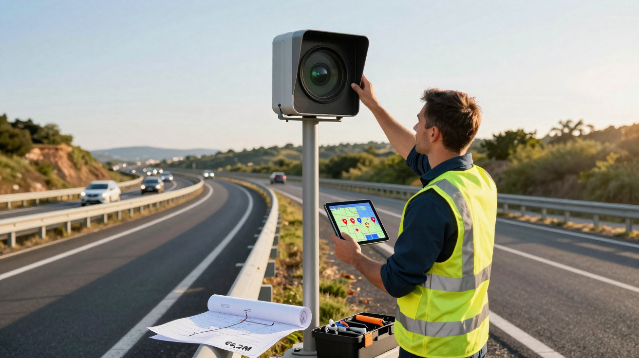 Técnico em colete refletivo ajusta câmera de monitoramento em rodovia com tablet e plantas ao lado.