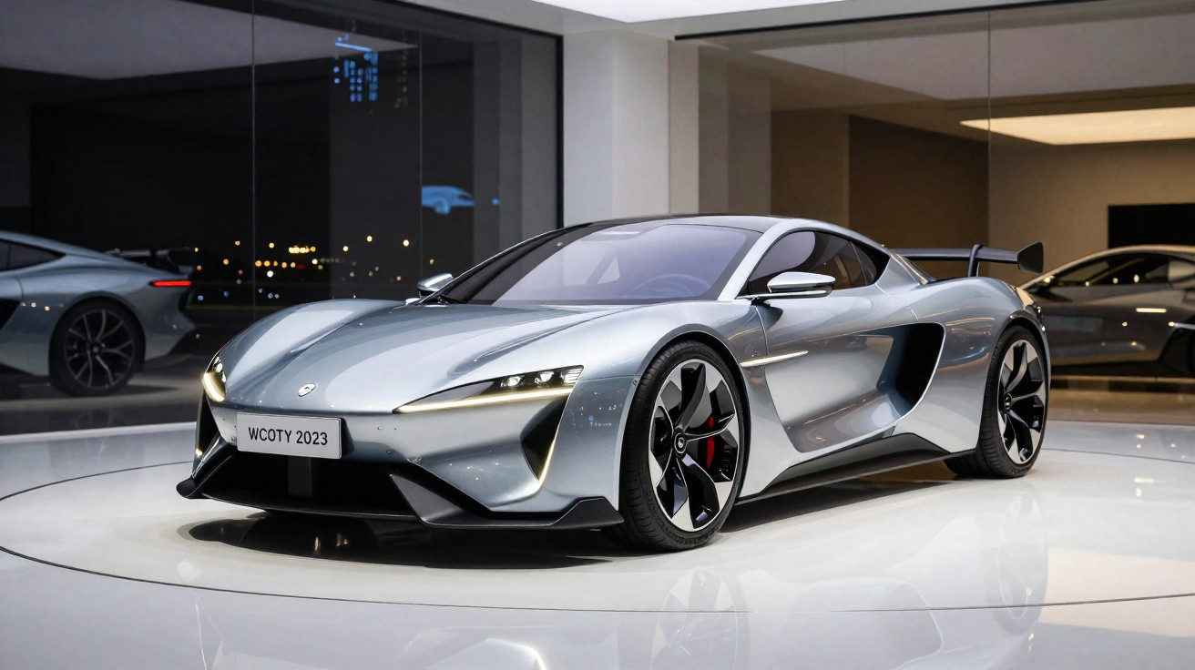 Carro esportivo prateado futurista em exposição dentro de showroom moderno com vidro refletindo luzes.