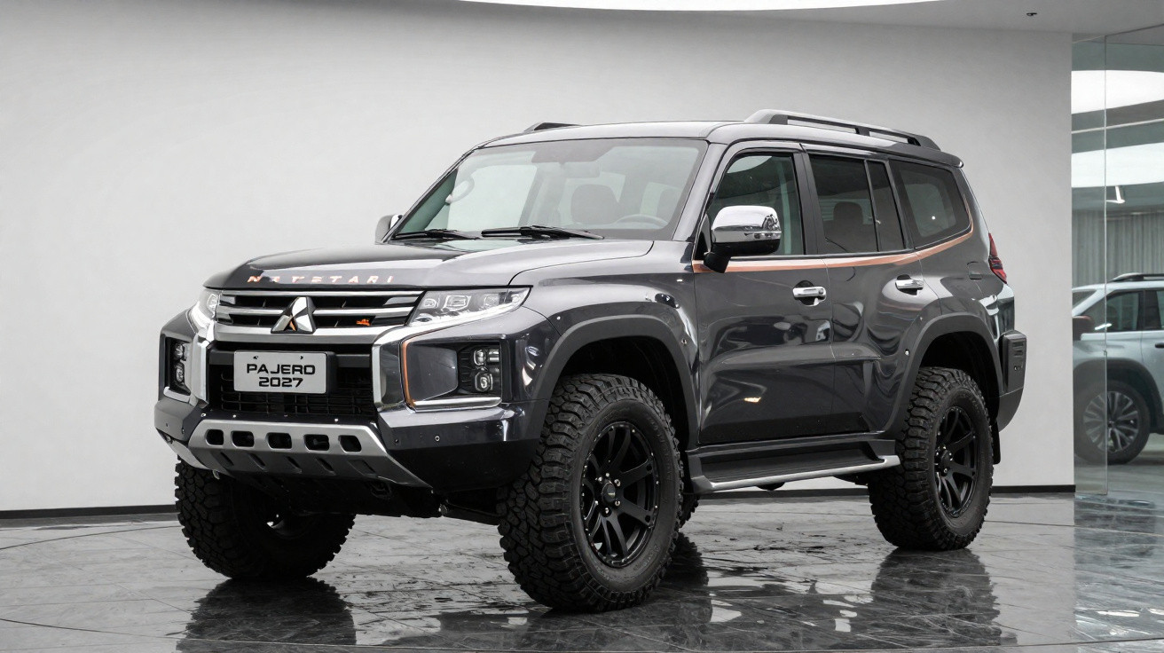 SUV Mitsubishi Pajero 2027 cinza escuro em exibição, com rodas grandes e design robusto, em ambiente interno.
