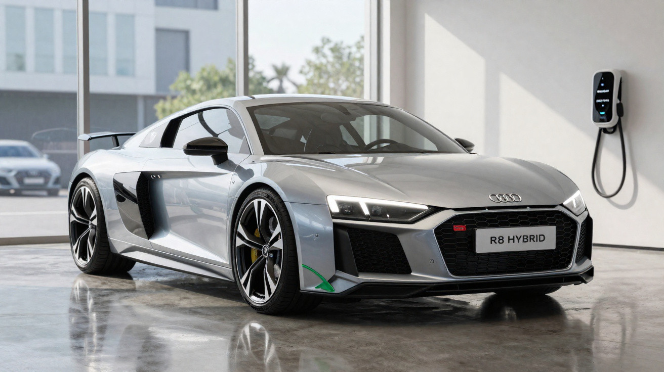 Audi R8 Hybrid prata estacionado em garagem com carregador elétrico na parede.