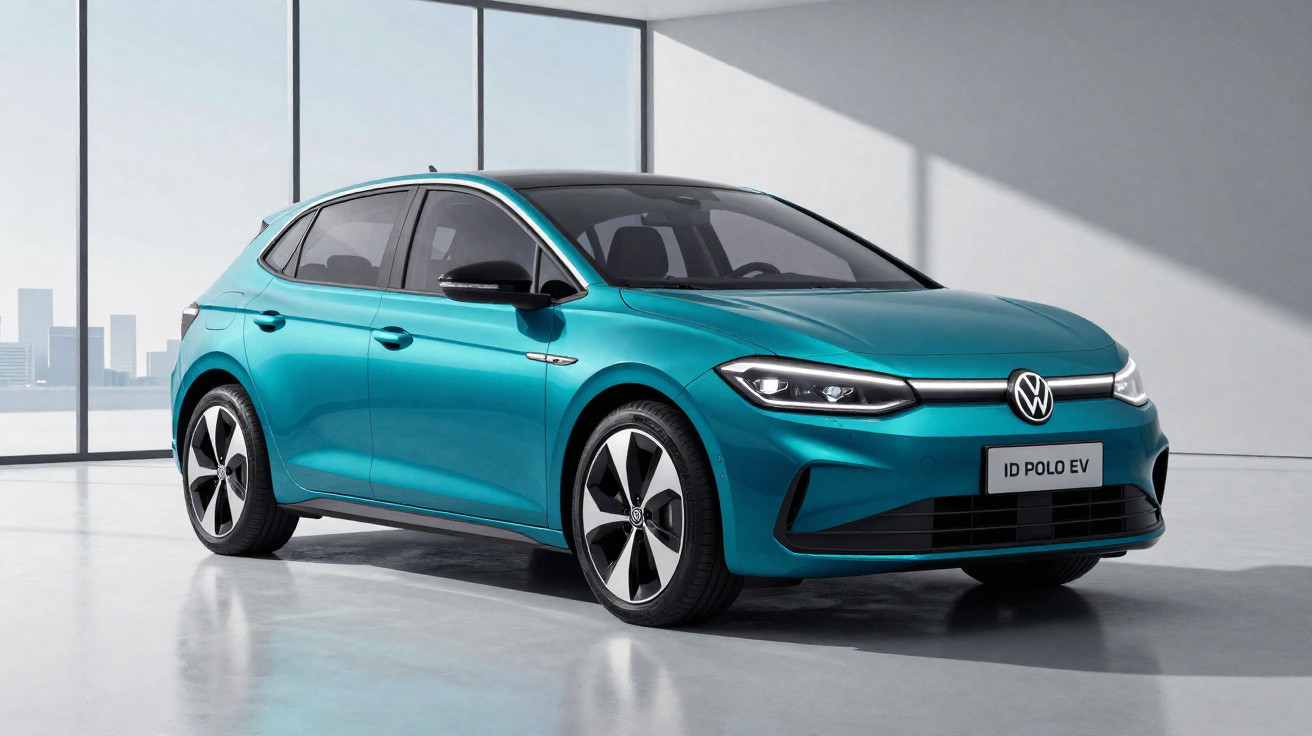 Carro elétrico Volkswagen ID Polo EV azul em ambiente interno com iluminação natural.