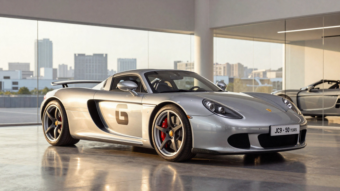 Carro esportivo prata Porsche Carrera GT estacionado em garagem moderna com vista urbana ao fundo.