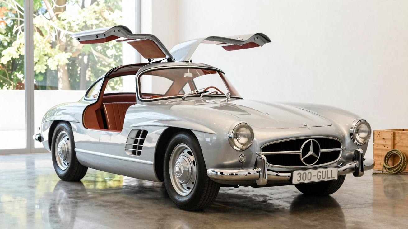 Carro clássico Mercedes-Benz 300SL prata com portas asas de gaivota abertas em ambiente interno.