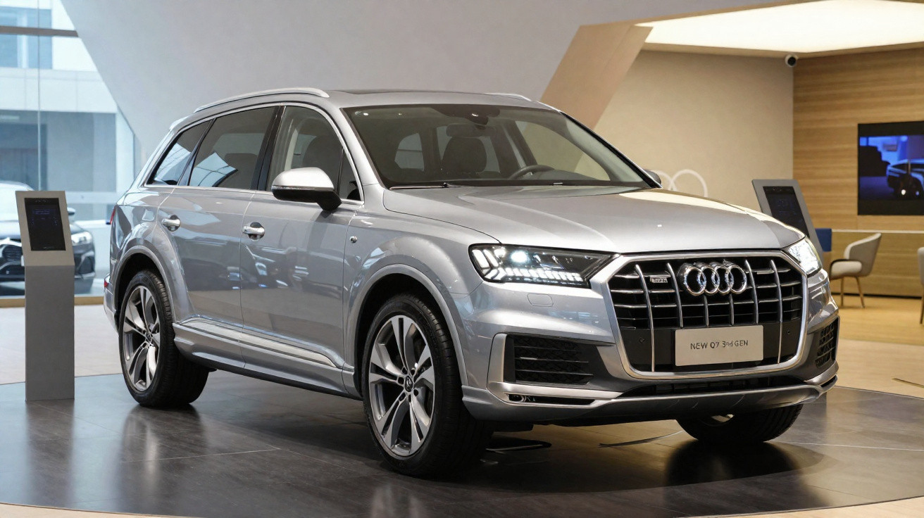 Carro Audi Q7 prateado exposto em showroom moderno com iluminação interna.