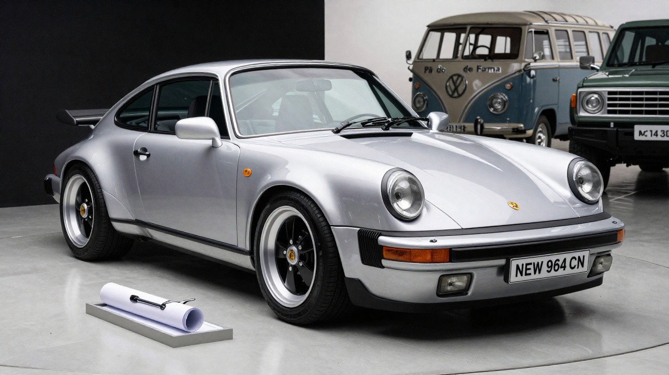 Carro esportivo Porsche 964 prata em exposição interna com outros veículos ao fundo.