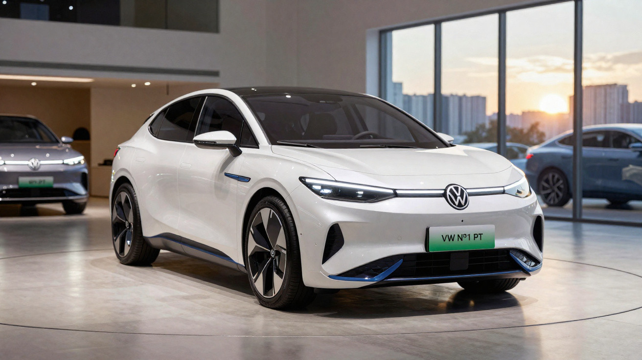 Carro elétrico branco Volkswagen ID. Aero em exposição interna, com detalhes em azul e teto preto vidro.