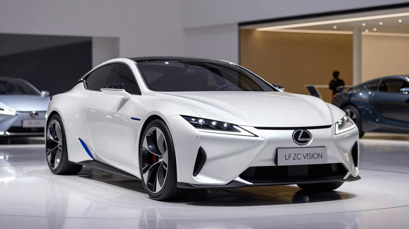 Carro esportivo branco Lexus LF ZC Vision em exposição interna com design aerodinâmico e faróis LED.