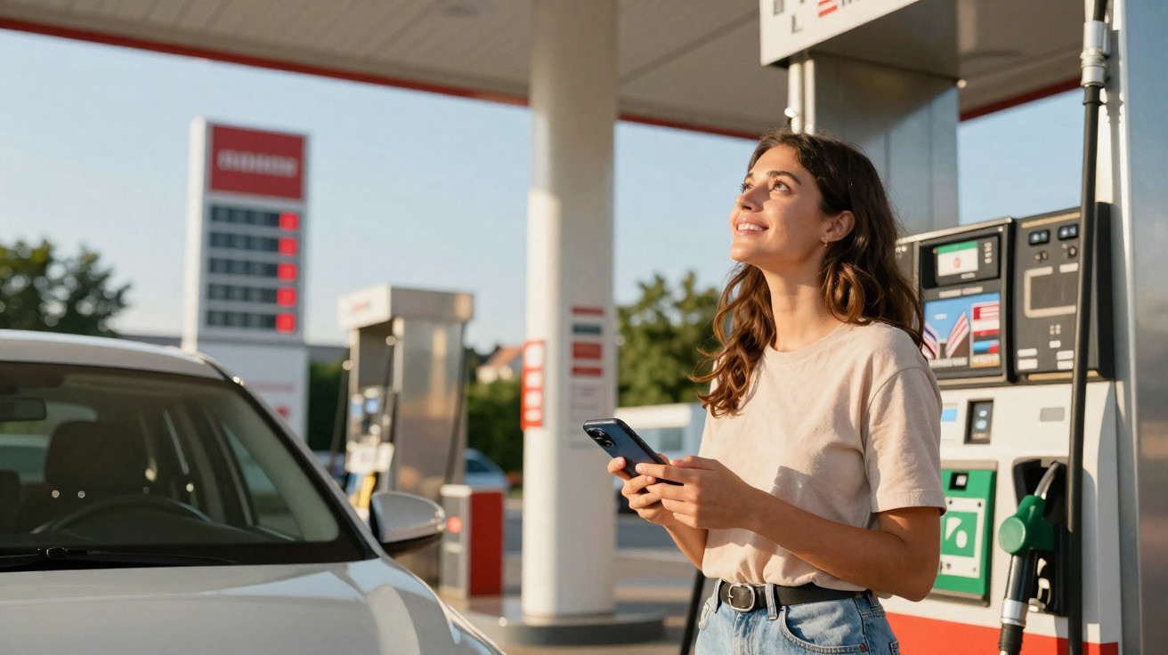 Mulher sorridente usando celular em posto de gasolina ao lado de carro branco ao entardecer.