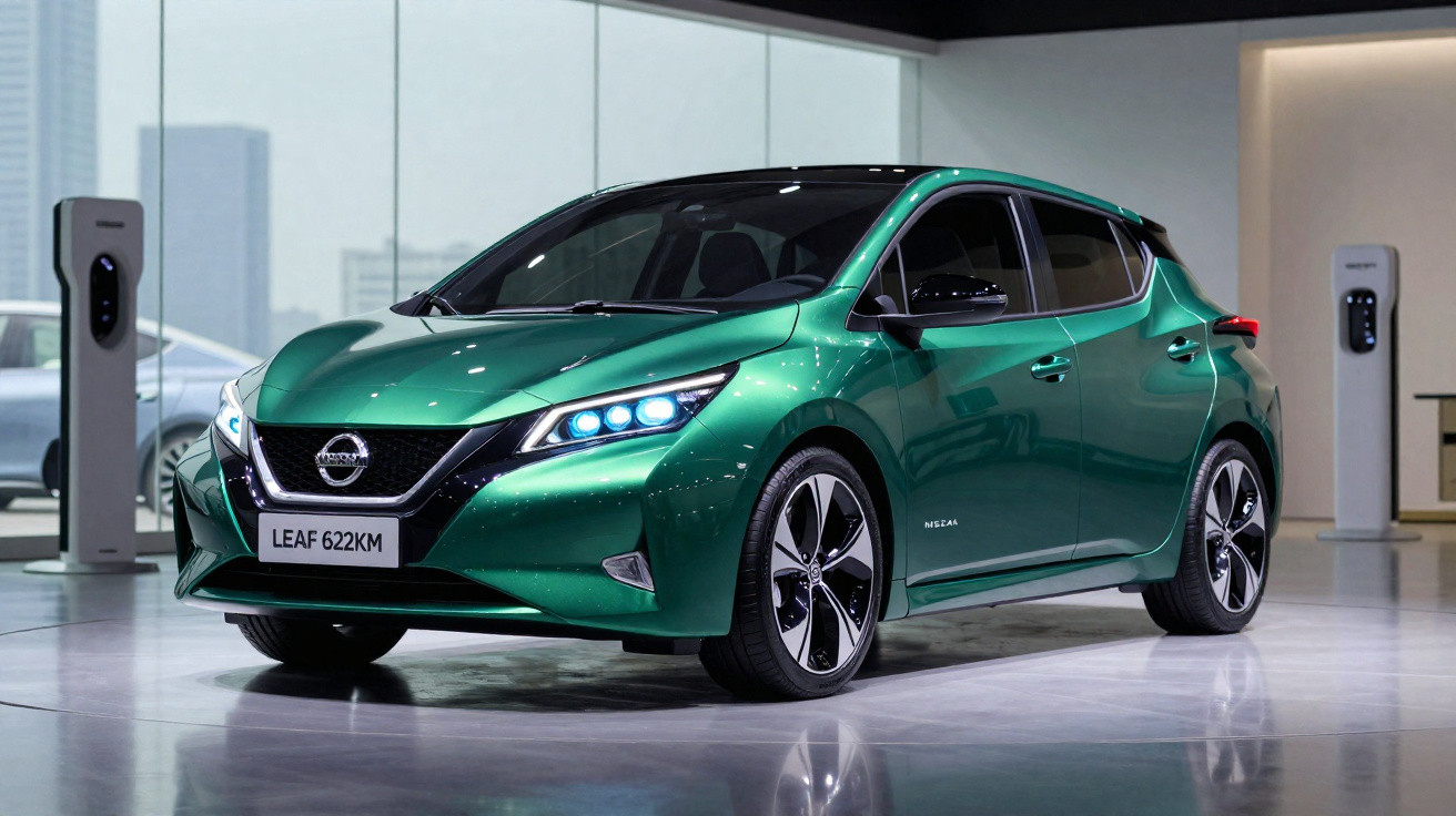 Carro elétrico Nissan Leaf verde brilhante exposto em showroom moderno com pontos de recarga ao fundo.