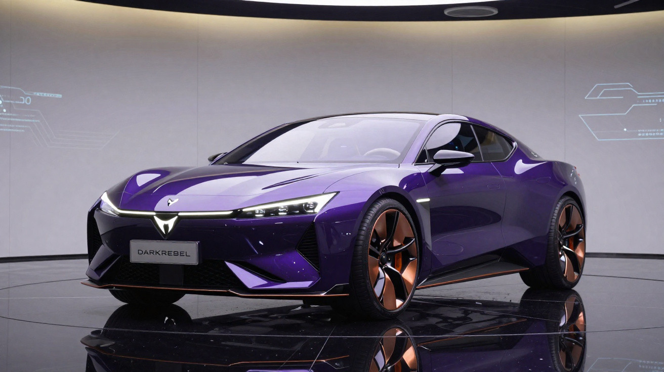 Carro esportivo elétrico roxo com design futurista exposto em ambiente moderno e iluminado.