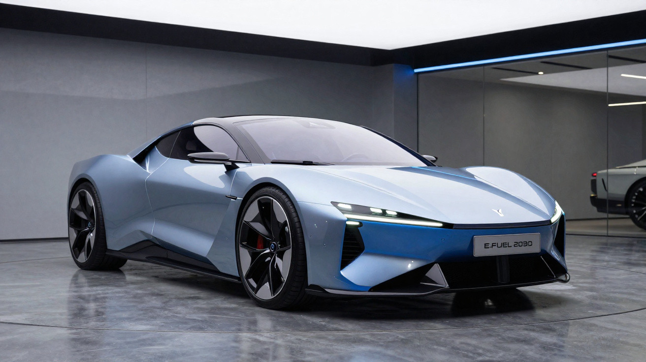 Carro esportivo elétrico azul metálico com design futurista em exposição interna minimalista.