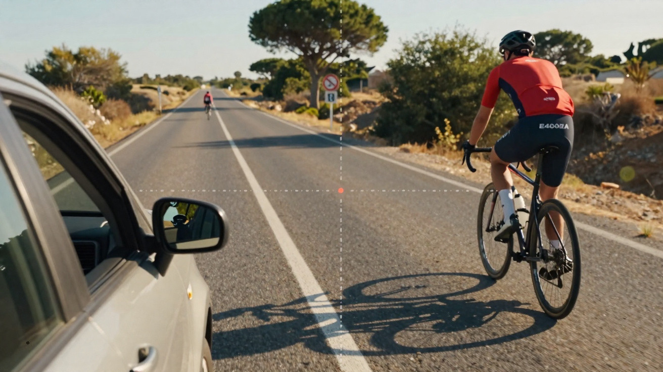 Ciclista de roupa vermelha pedala em estrada asfaltada, com carro ao lado e paisagem com árvores ao fundo.