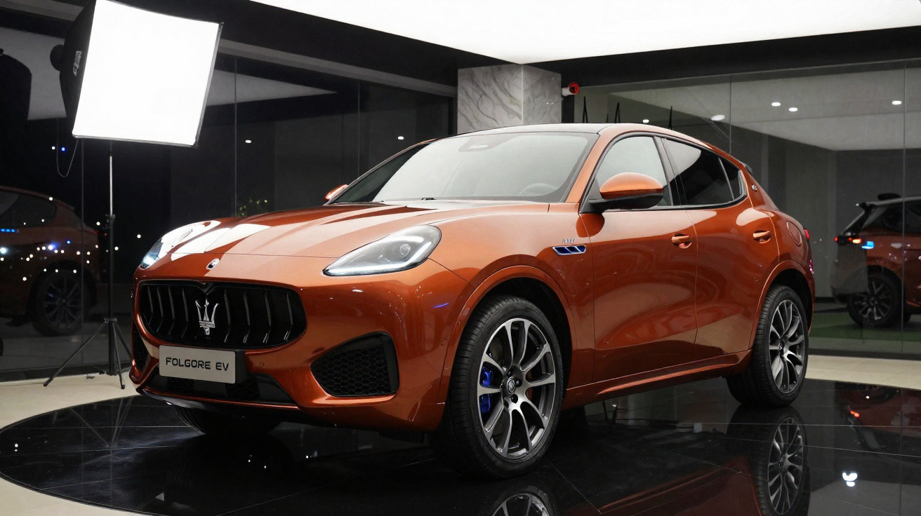 SUV elétrico Maserati Folgore EV laranja exibido em estúdio com piso e paredes espelhados.