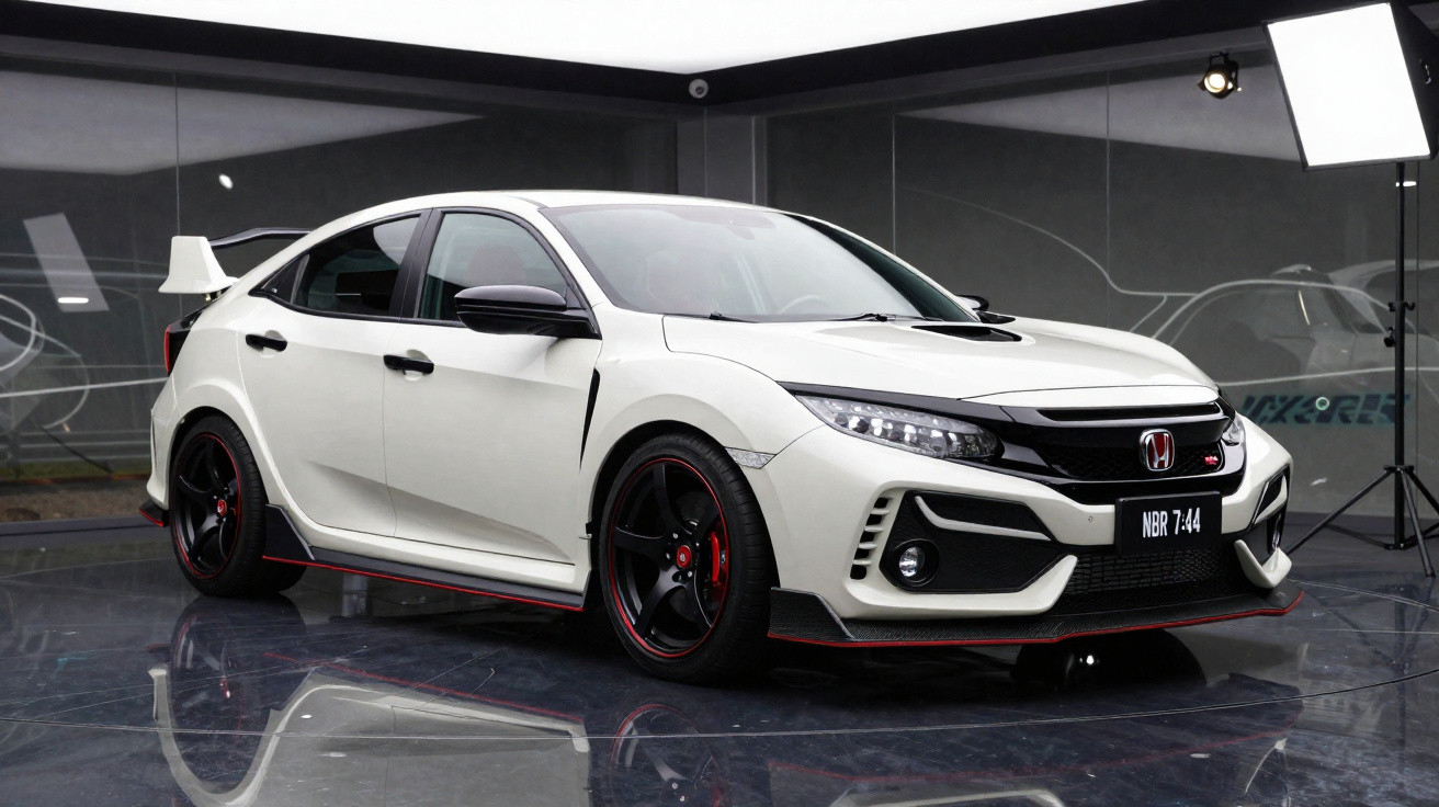 Carro esportivo Honda Civic Type R branco estacionado em ambiente interno iluminado para sessão de fotos.