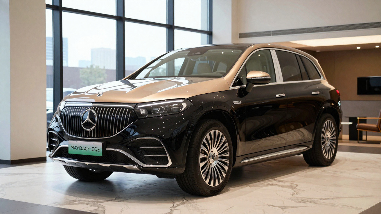 SUV elétrico de luxo Mercedes-Maybach EQS preto com teto bege, exposto em showroom moderno.