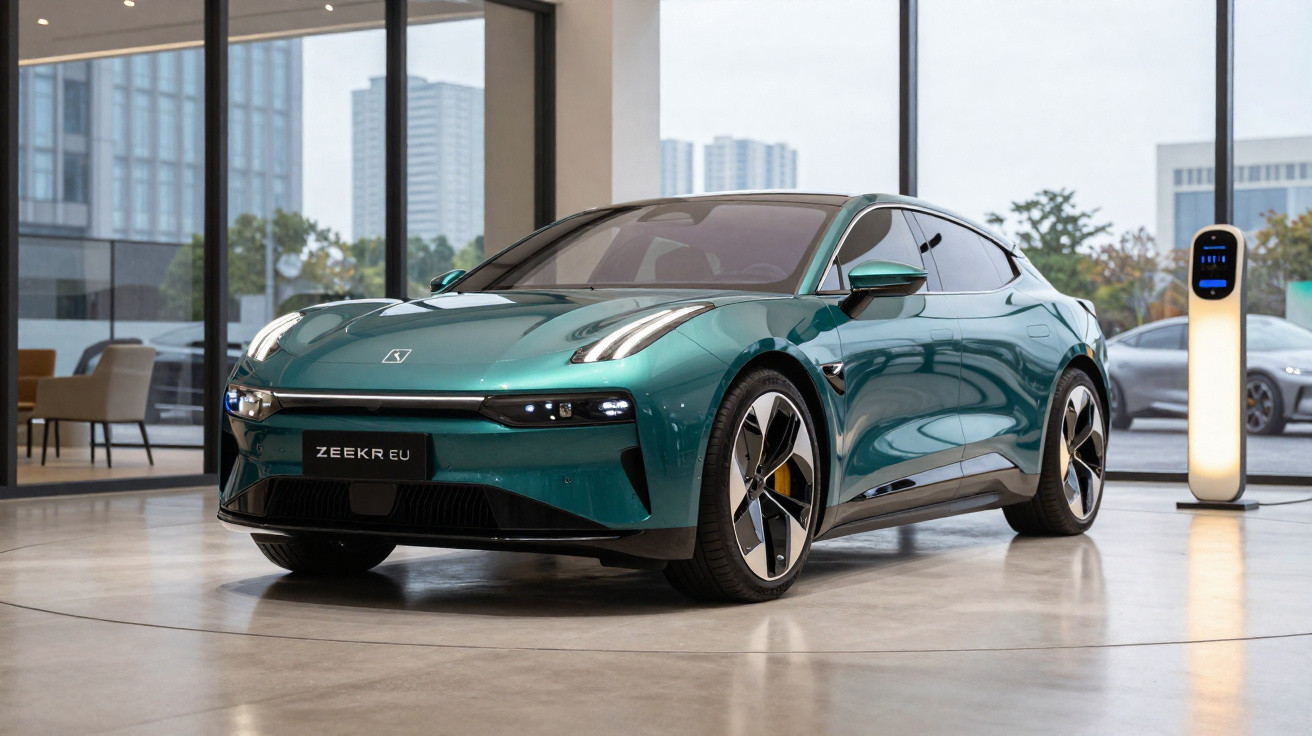 Carro elétrico verde ZEEKR EU estacionado em showroom moderno ao lado de poste de carregamento.