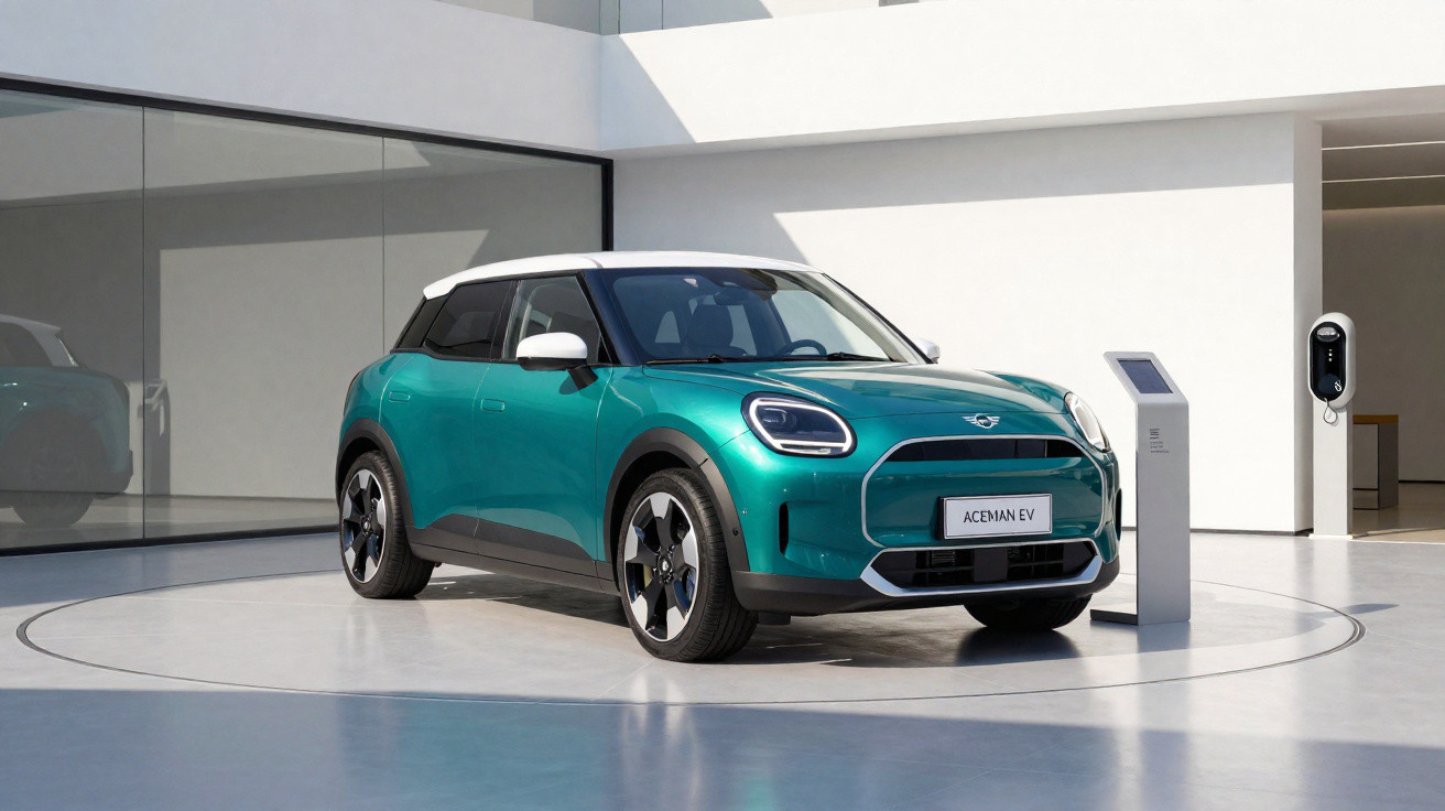 Carro elétrico verde e branco estacionado próximo a estação de carregamento em ambiente moderno e iluminado.