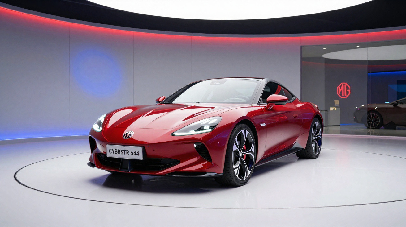 Carro esportivo vermelho MG Cybrstr 544 em exposição com luzes azuis e vermelhas ao fundo.