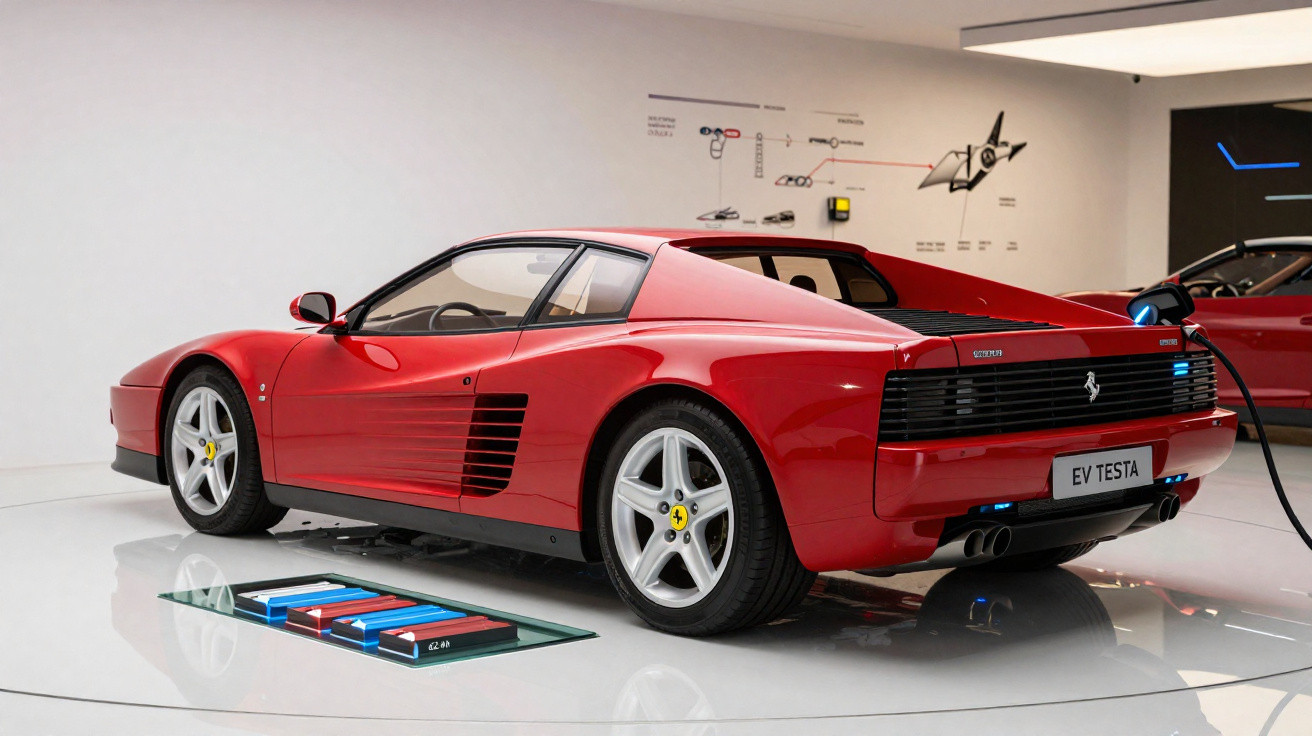 Carro esportivo vermelho com design clássico, conectado a um carregador elétrico em exposição.