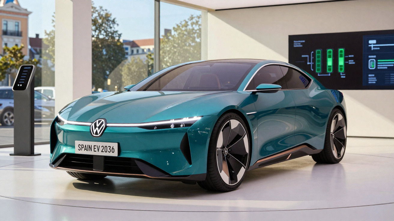 Carro elétrico Volkswagen futurista verde em exposição com painel interativo ao fundo.