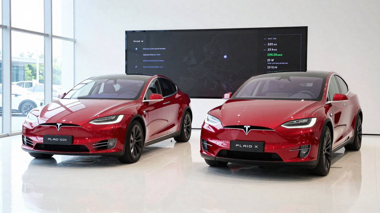 Dois carros Tesla vermelhos modelo Plaid expostos em showroom branco com vitrine de vidro.