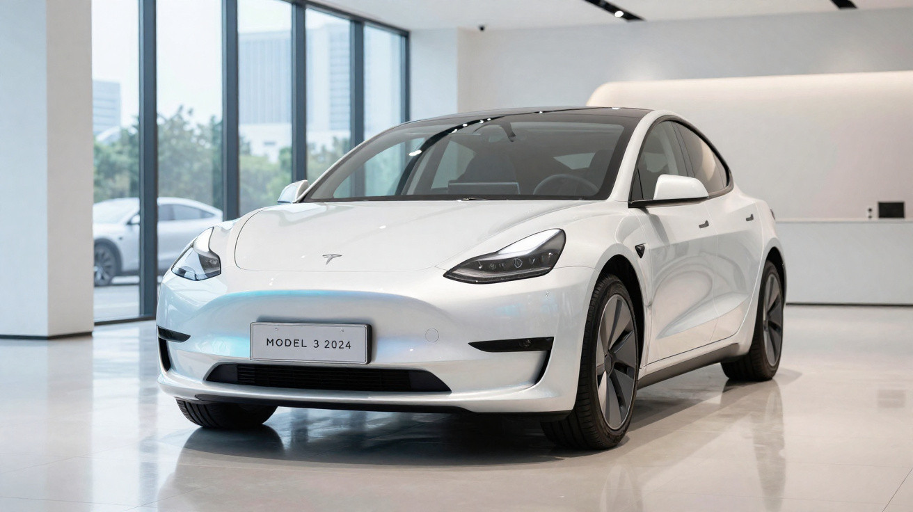 Carro elétrico Tesla Model 3 branco 2024 em exposição interna, vista frontal na diagonal direita.