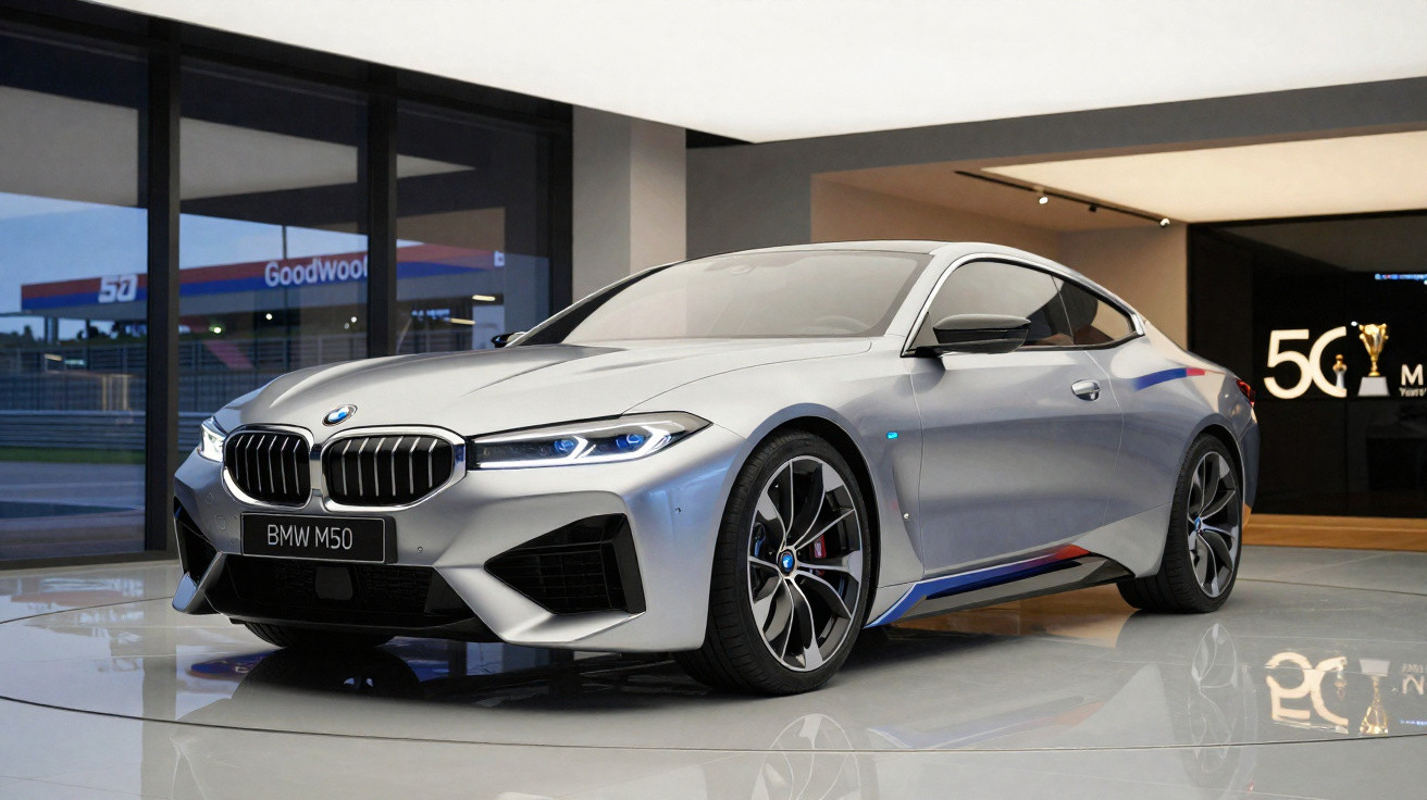 Carro esportivo prata BMW M50 estacionado em showroom com iluminação suave e vitrine ao fundo.