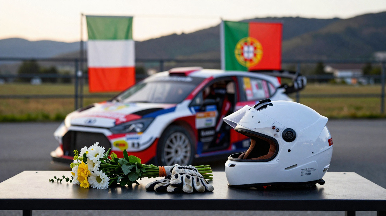 Capacete branco, luvas e flores sobre mesa com carro de rally e bandeiras da Itália e Portugal ao fundo.