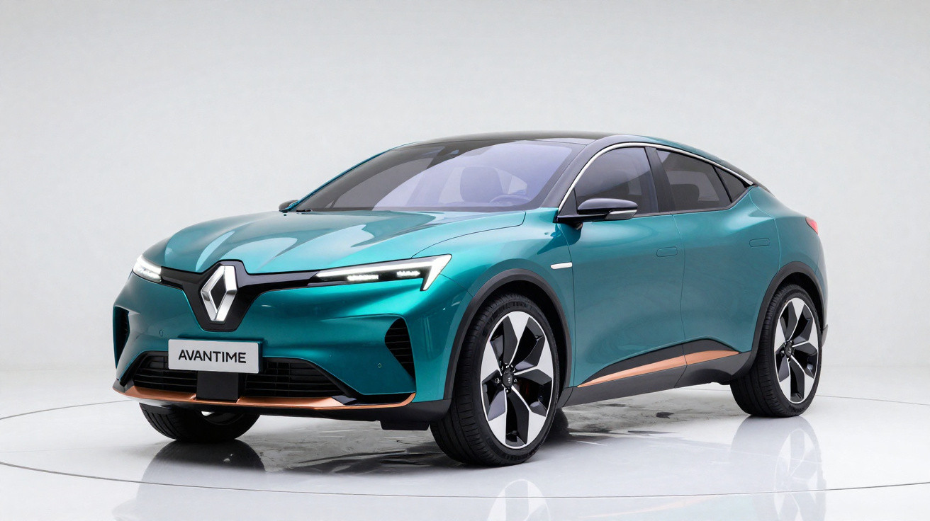 Carro elétrico Renault Avantime azul-esverdeado com detalhes em cobre em estúdio branco, vista frontal e lateral.