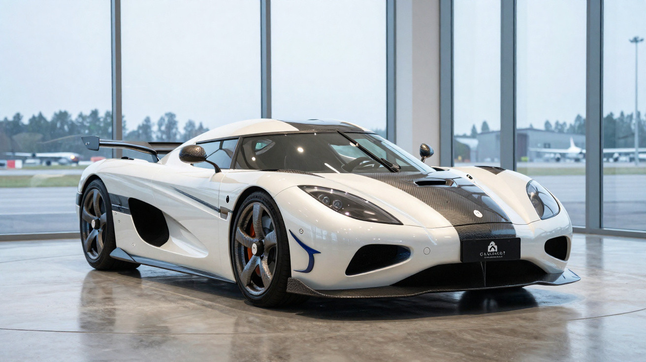 Carro esportivo branco com detalhes pretos exposto em showroom com paredes de vidro e vista para aeroporto.