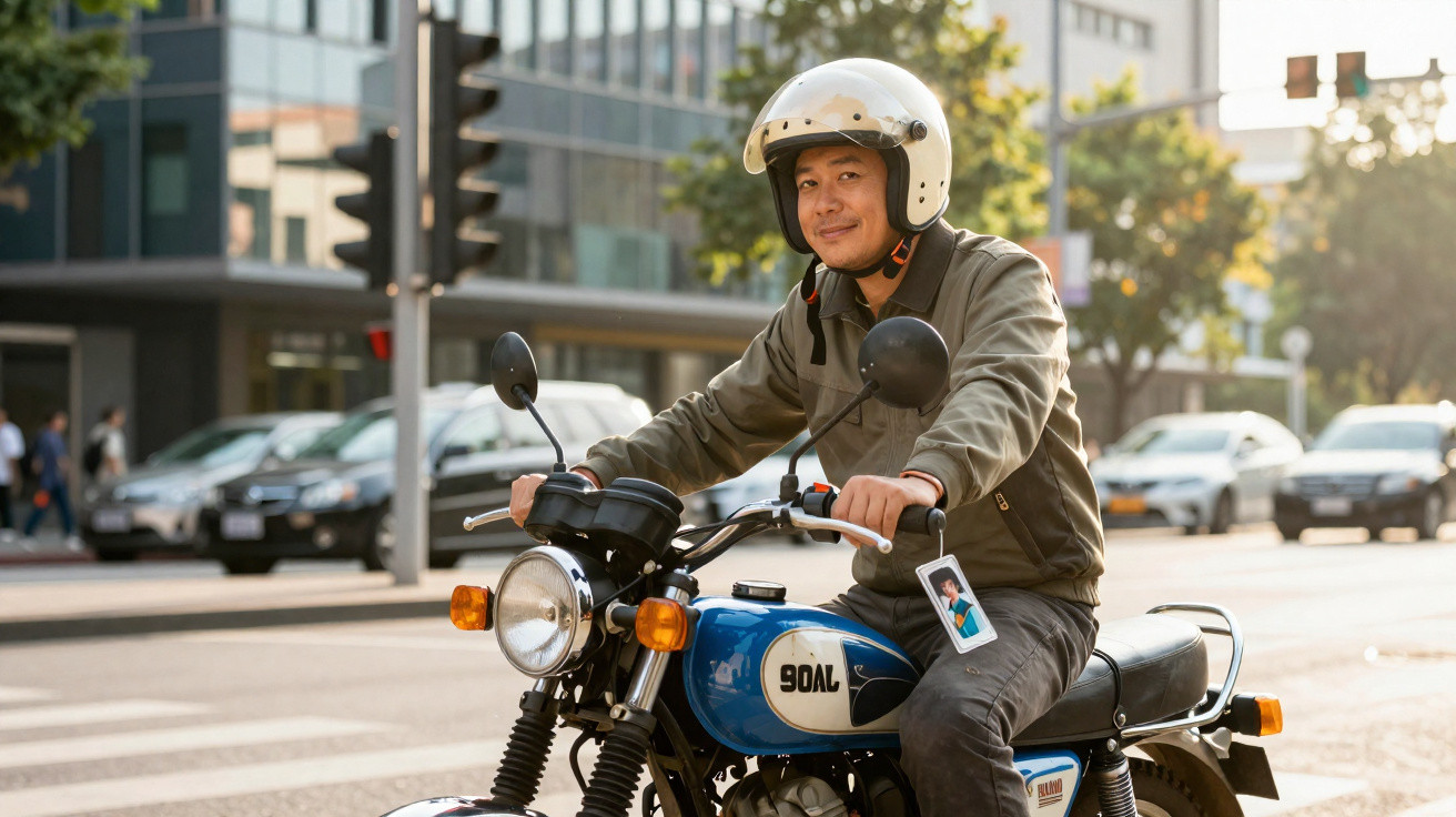 Homem de capacete branco pilotando motocicleta azul em cruzamento urbano com edifícios ao fundo.