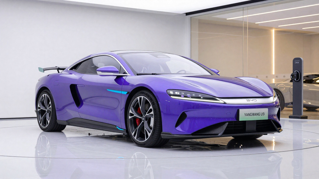 Carro esportivo elétrico roxo Yangwang U9 em exposição, com design aerodinâmico e rodas grandes.