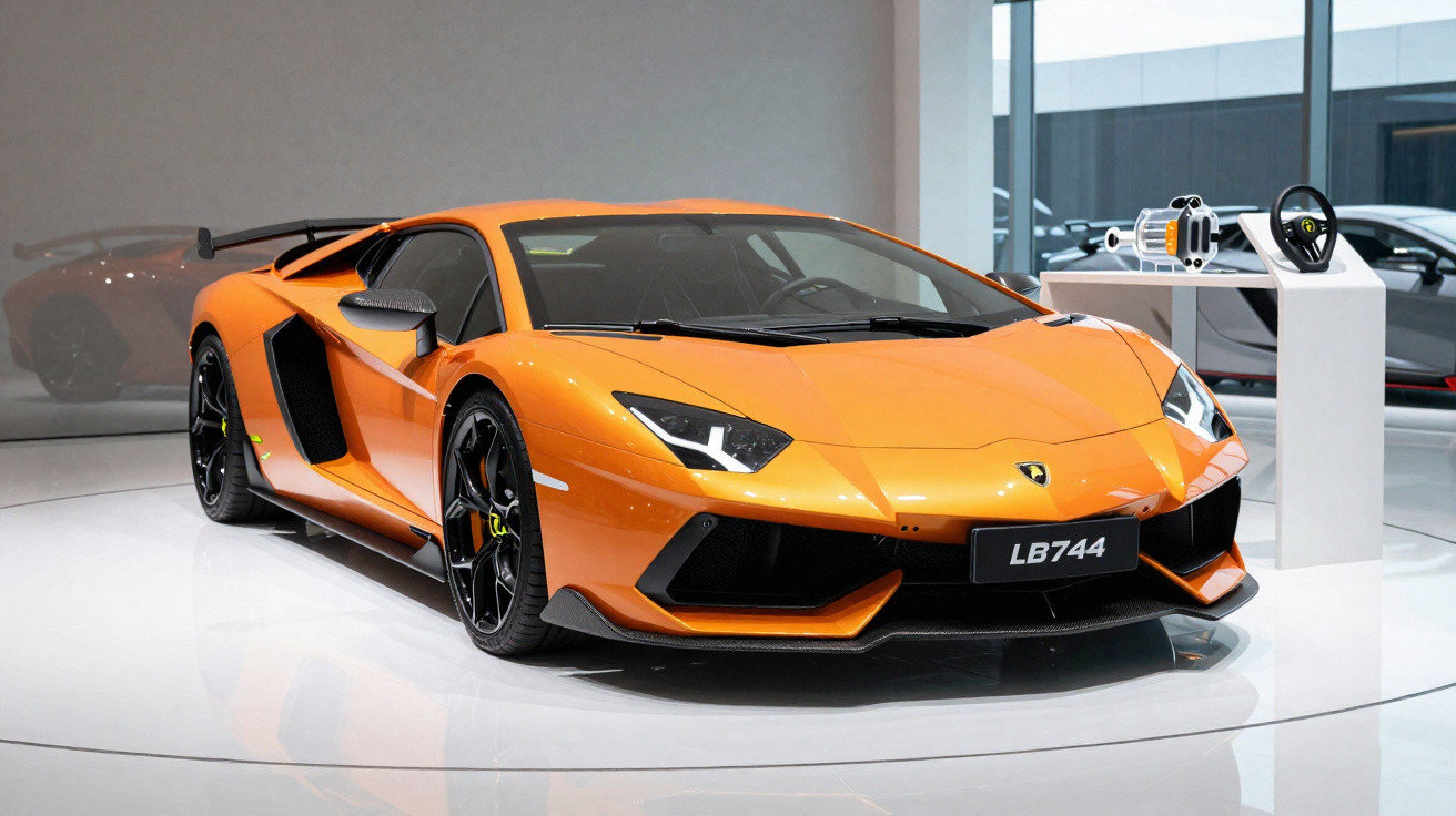 Carro esportivo laranja Lamborghini LB744 em exposição interna, com volante e peças ao lado.