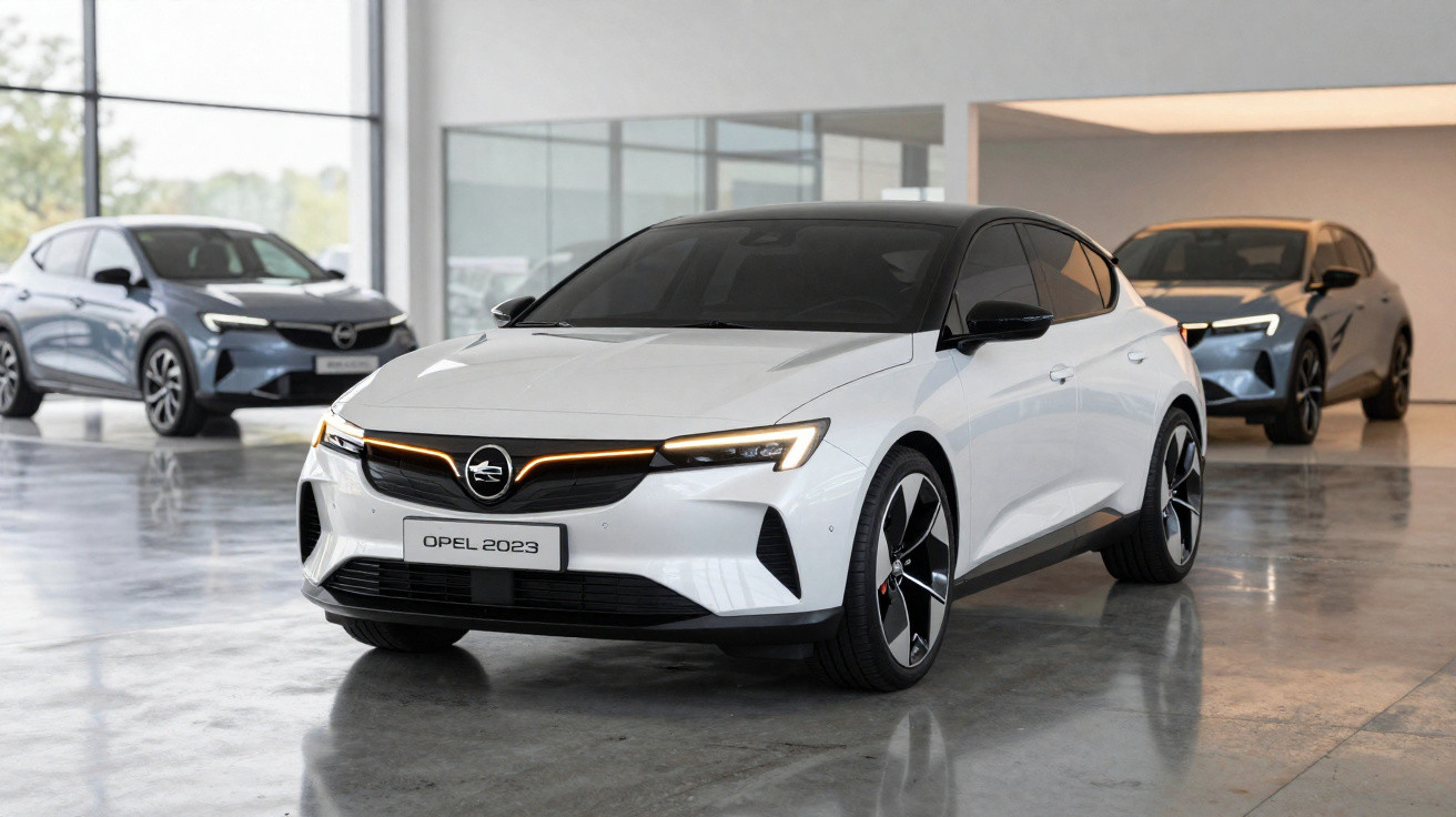 Três carros Opel 2023 modernos em um showroom com piso e paredes claras, destaque para modelo branco na frente.
