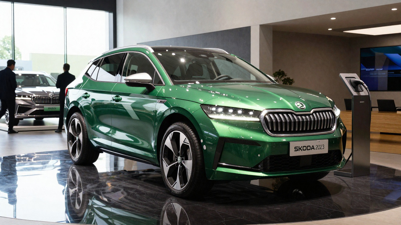 Carro elétrico verde Skoda 2023 em exposição interna com pessoas ao fundo.