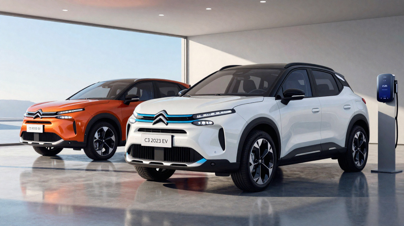 Dois carros elétricos Citroën C3 2023 estacionados em ambiente moderno, um branco e outro laranja.