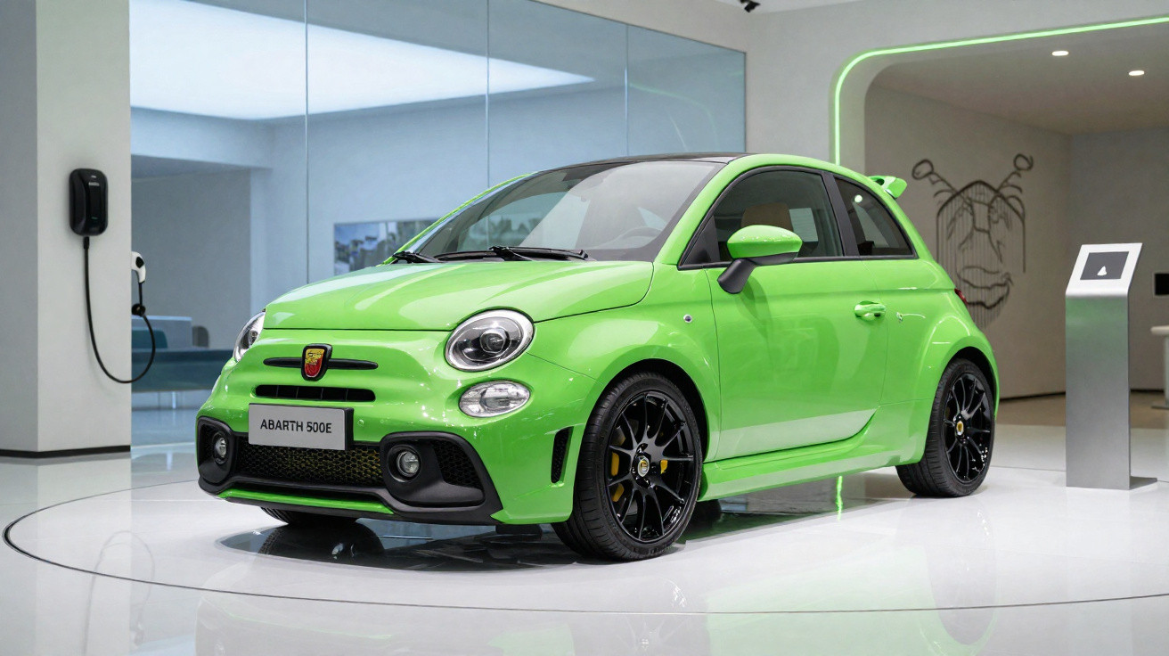 Carro elétrico esportivo Abarth 500E verde em exposição em ambiente moderno e iluminado.