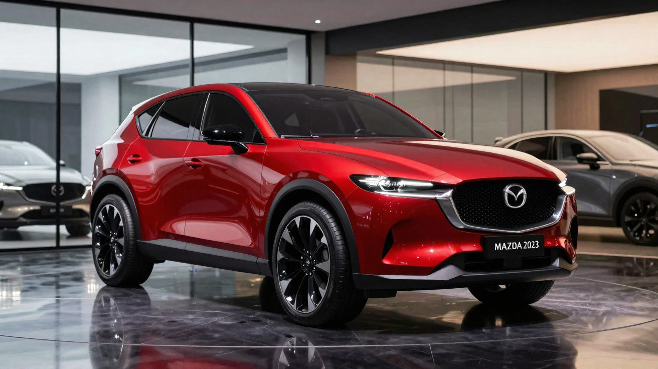 Carro SUV Mazda 2023 vermelho exibido em showroom moderno com chão espelhado e iluminação suave.