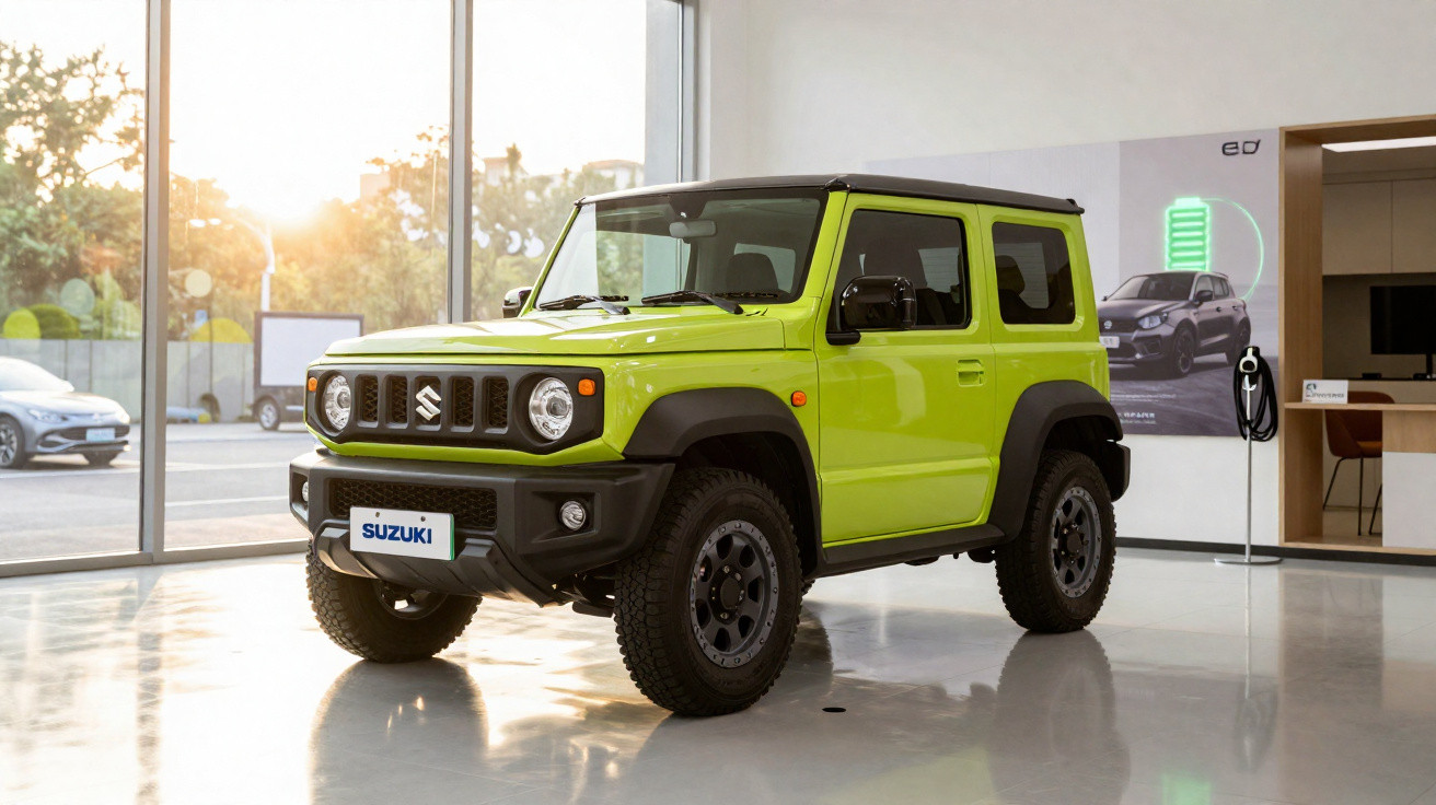 Carro Suzuki Jimny verde limão exposto em showroom com iluminação natural ao fundo.