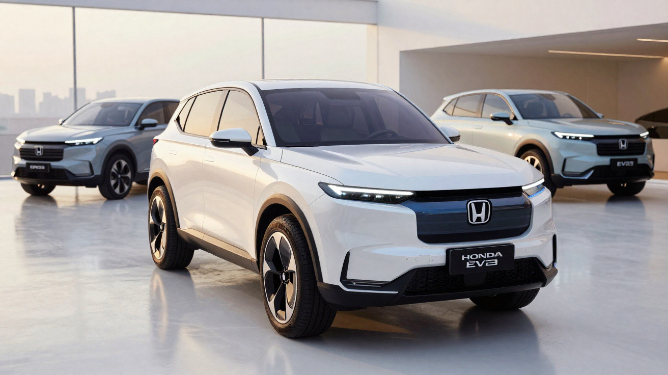 Três SUVs Honda EV elétricos, modelo EV3, estacionados em local moderno com céu ao fundo.