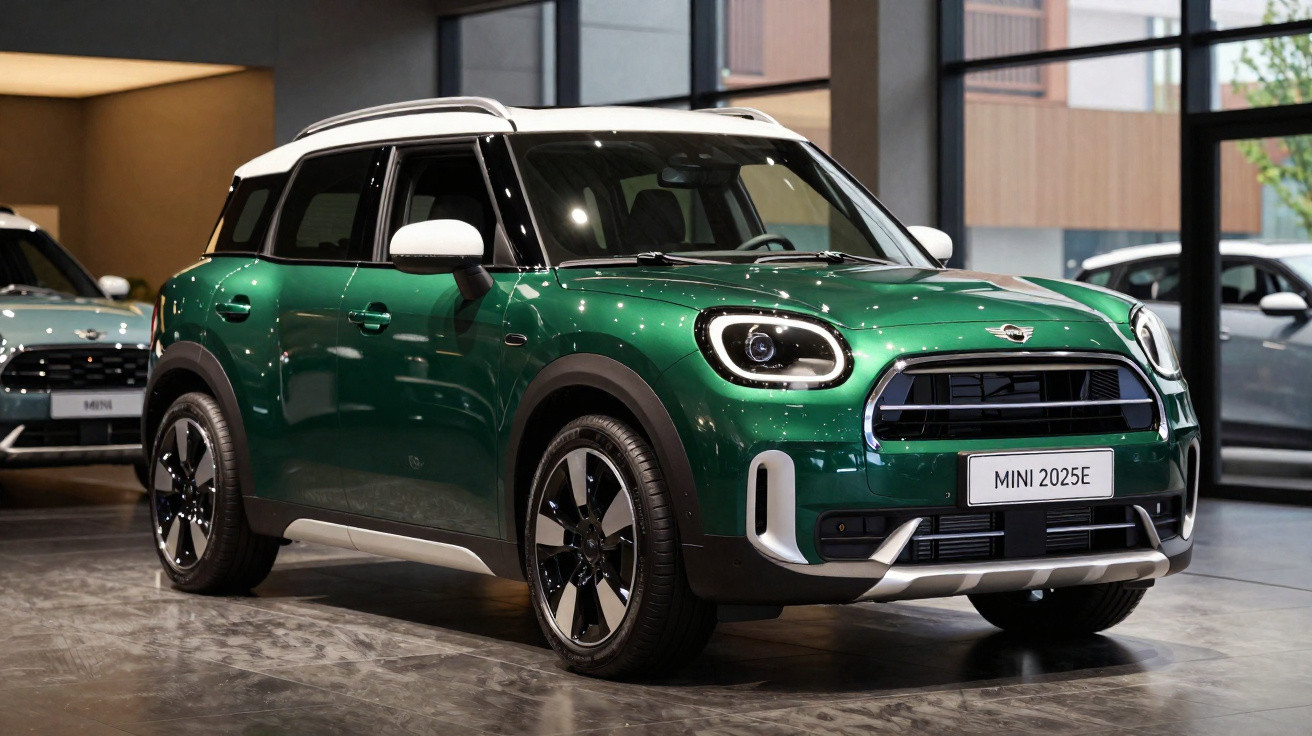 Carro elétrico verde Mini 2025E estacionado em showroom moderno com iluminação natural.
