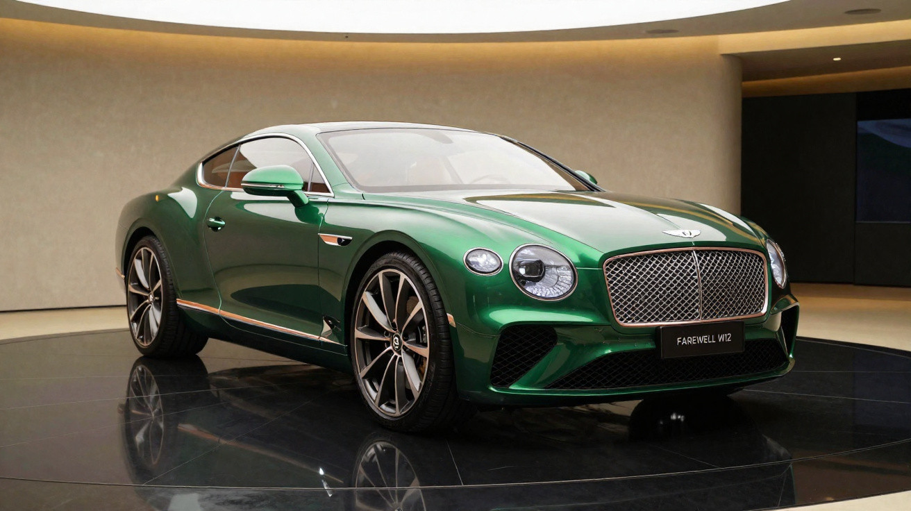 Carro esportivo Bentley verde metálico modelo Farewell W12 exibido em ambiente interno moderno.