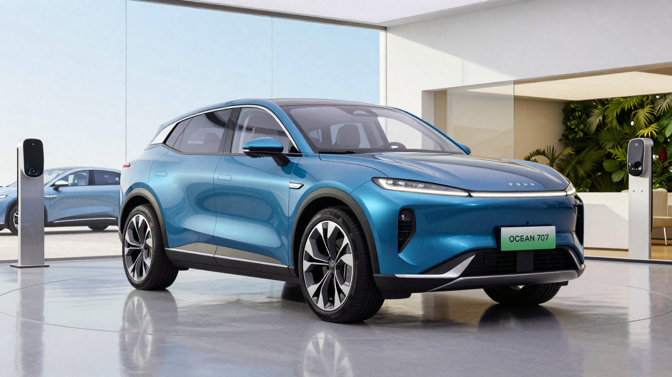 Carro elétrico azul modelo Ocean 707 estacionado em garagem moderna com pontos de carregamento.
