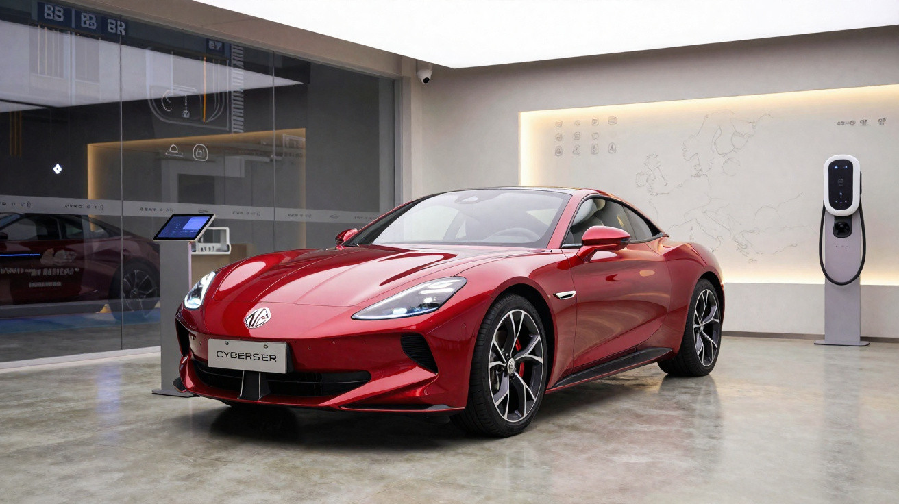 Carro esportivo elétrico vermelho MG Cyberster em showroom moderno com carregador à direita.