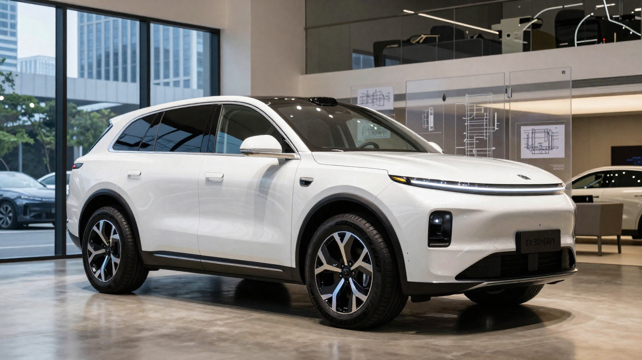 Carro elétrico SUV branco em exposição dentro de showroom moderno com vidros grandes.