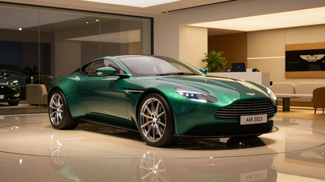 Carro esportivo verde Aston Martin AM 2023 em showroom moderno com iluminação suave.