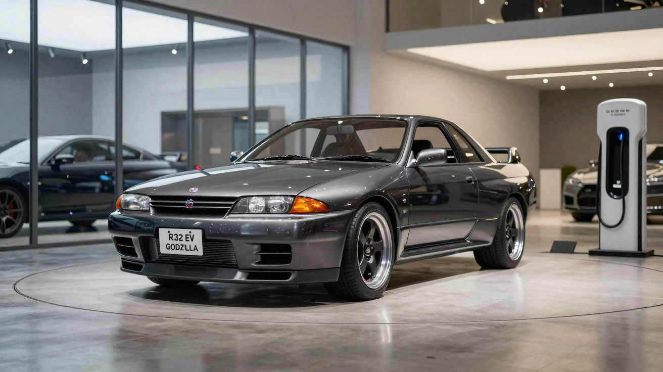Carro esportivo preto Nissan Skyline R32 EV Godzilla em exposição dentro de showroom moderno.